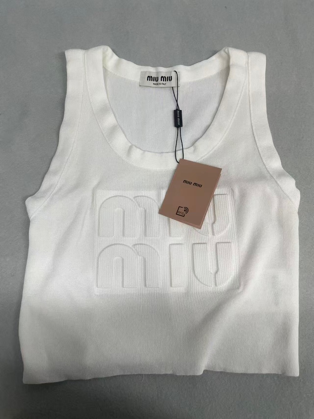 Miu Miu White Embossed Logo Ribbed Tank